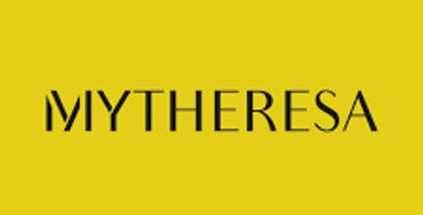 Minimalist MYTHERESA logo on a mustard yellow background.