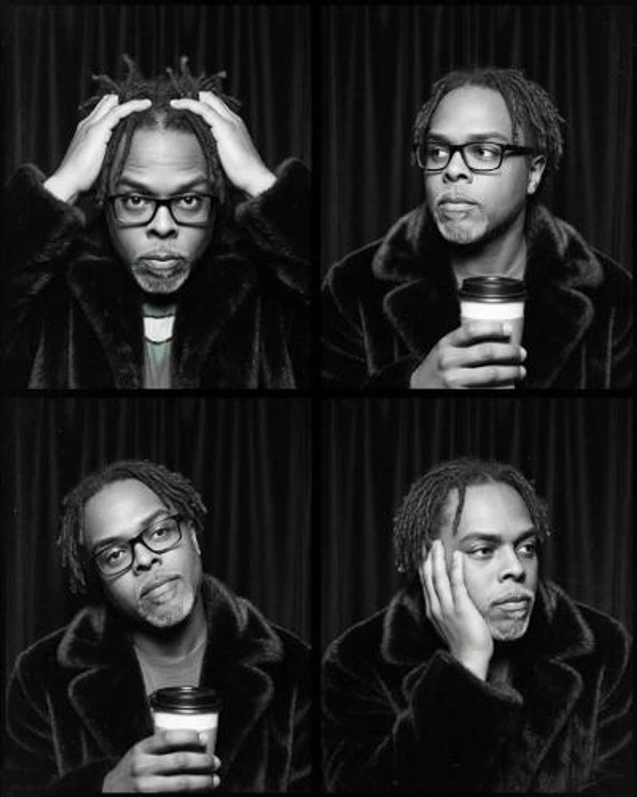 Four black and white portraits of a man with glasses and dreadlocks.