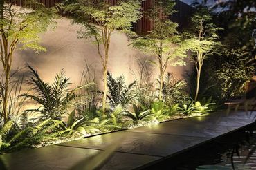Illuminated garden pathway with lush greenery and accent lighting at night.