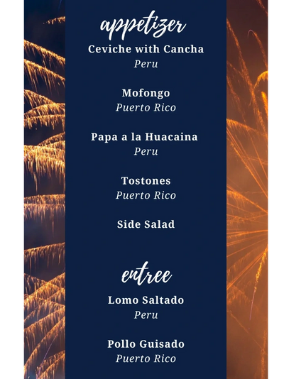 Wedding menu featuring Peruvian and Puerto Rican dishes for Diana and David.