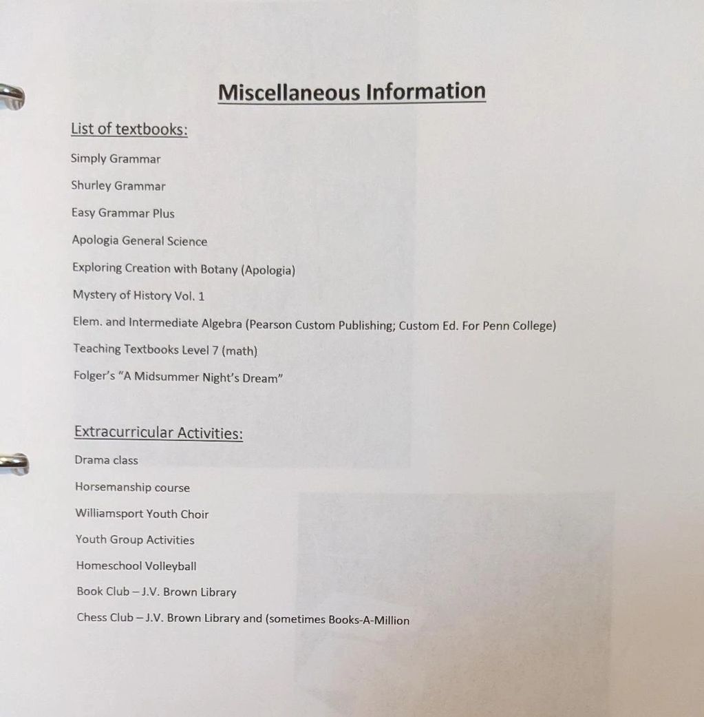 Some people prefer to keep a typed list of resources/textbooks used, as included on this sheet.