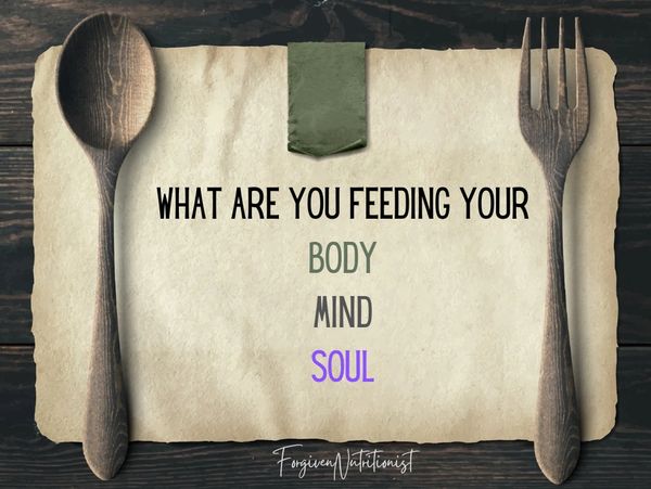 plate with fork& spoon with the words what are you feeding your body mind soul