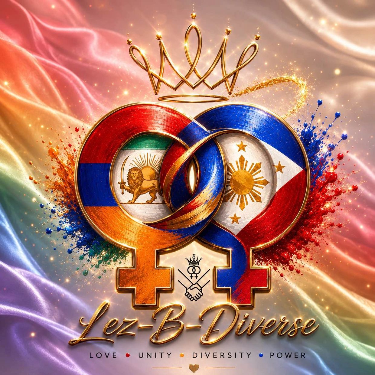 Interlocked female symbols with Armenian and Philippine flags, crowned and glowing.