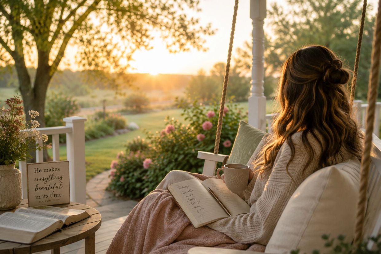 A woman enjoys a peaceful sunrise on a porch swing with a journal and cup of coffee.