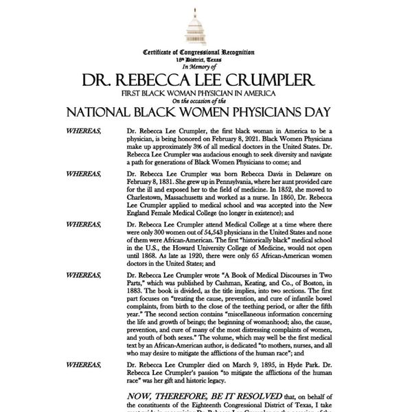 Congressional Recognition for Dr. Rebecca Crumpler, National Black Women Physician Day #nbwpd