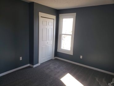 Empty room with dark blue walls, white trim, and carpeted floor.