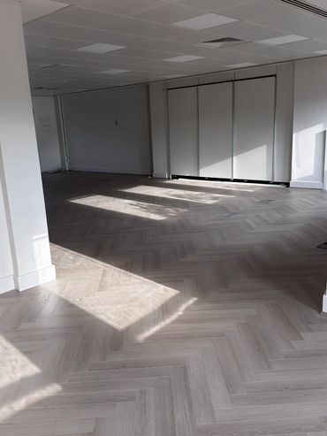 Empty room with patterned wooden floor and ceiling lights.