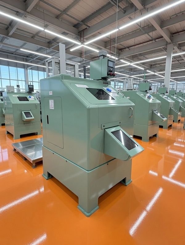 Green industrial machines in a clean factory.