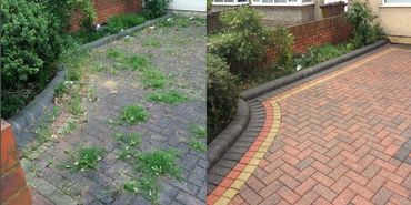 Jet pressure washing driveway before and after.