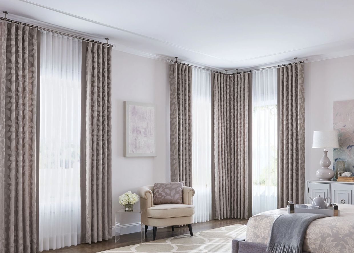Custom layered blackout curtains and sheer drapery for a bedroom in Vancouver or Coquitlam, BC