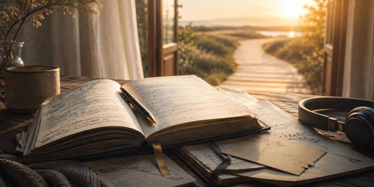 Open journal with pen on wooden table at sunset.