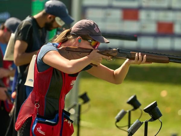 Shooting in the mixed team final at 2026 Junior World Championships in Suhl, Germany.