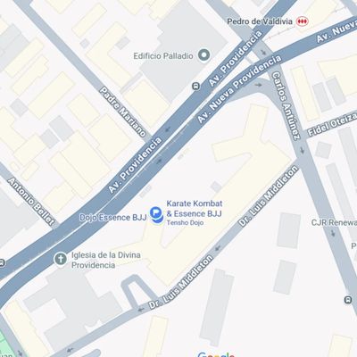 Map showing Av. Providencia and nearby streets with martial arts dojos.