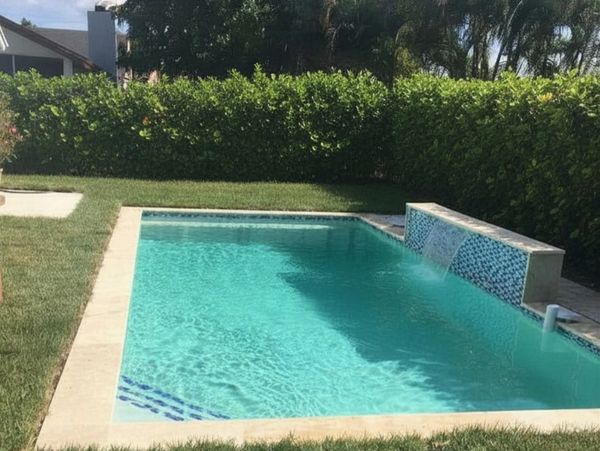 Small backyard swimming pool with water feature.