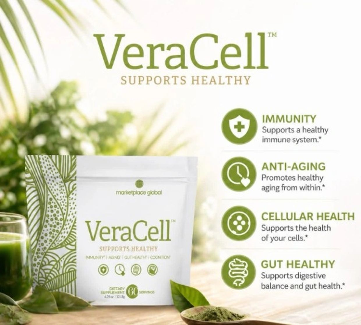 VeraCell dietary supplement supports immunity, anti-aging, cellular health, and gut health.