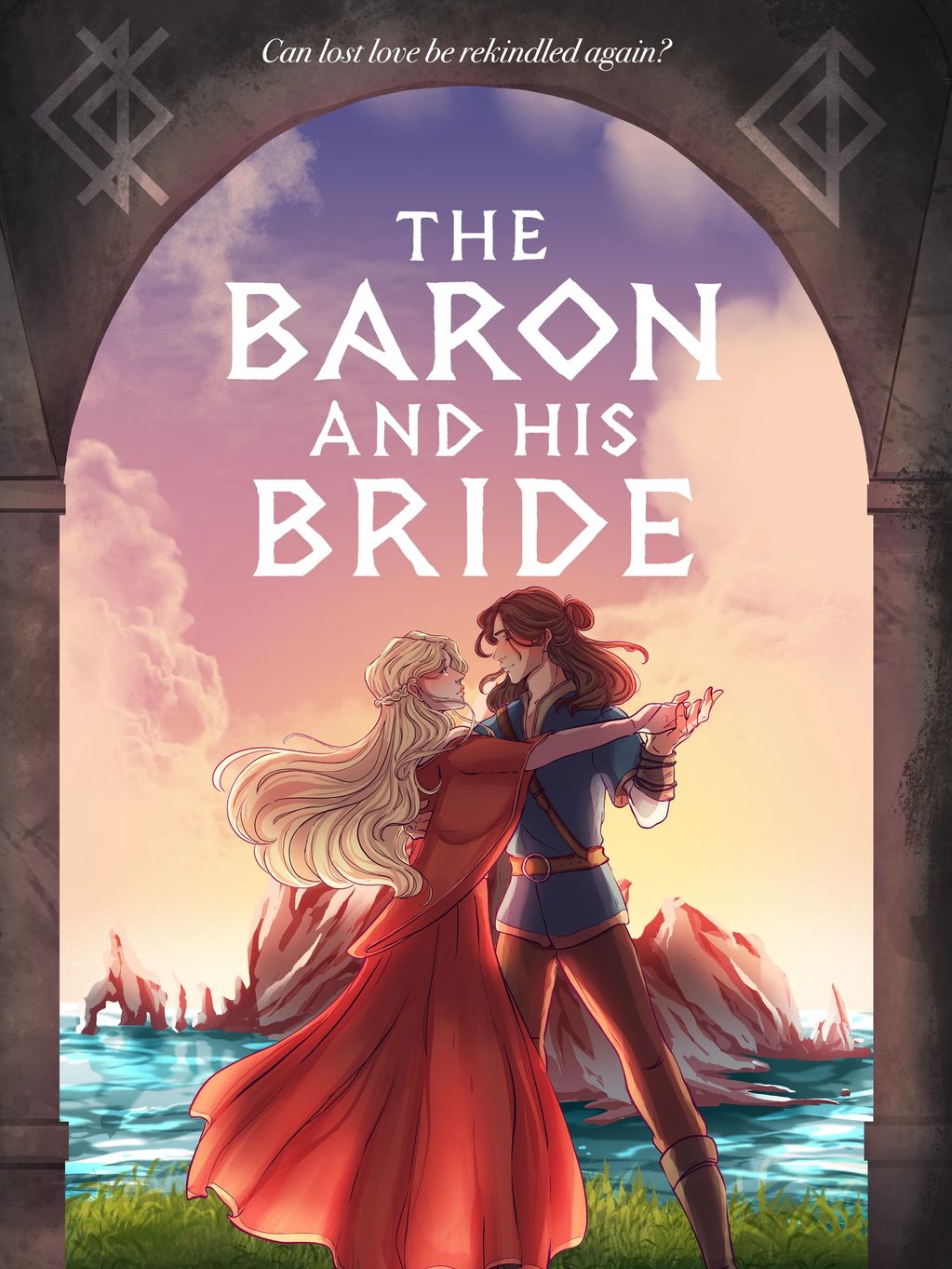 Romantic scene of a baron and his bride dancing by the sea.
