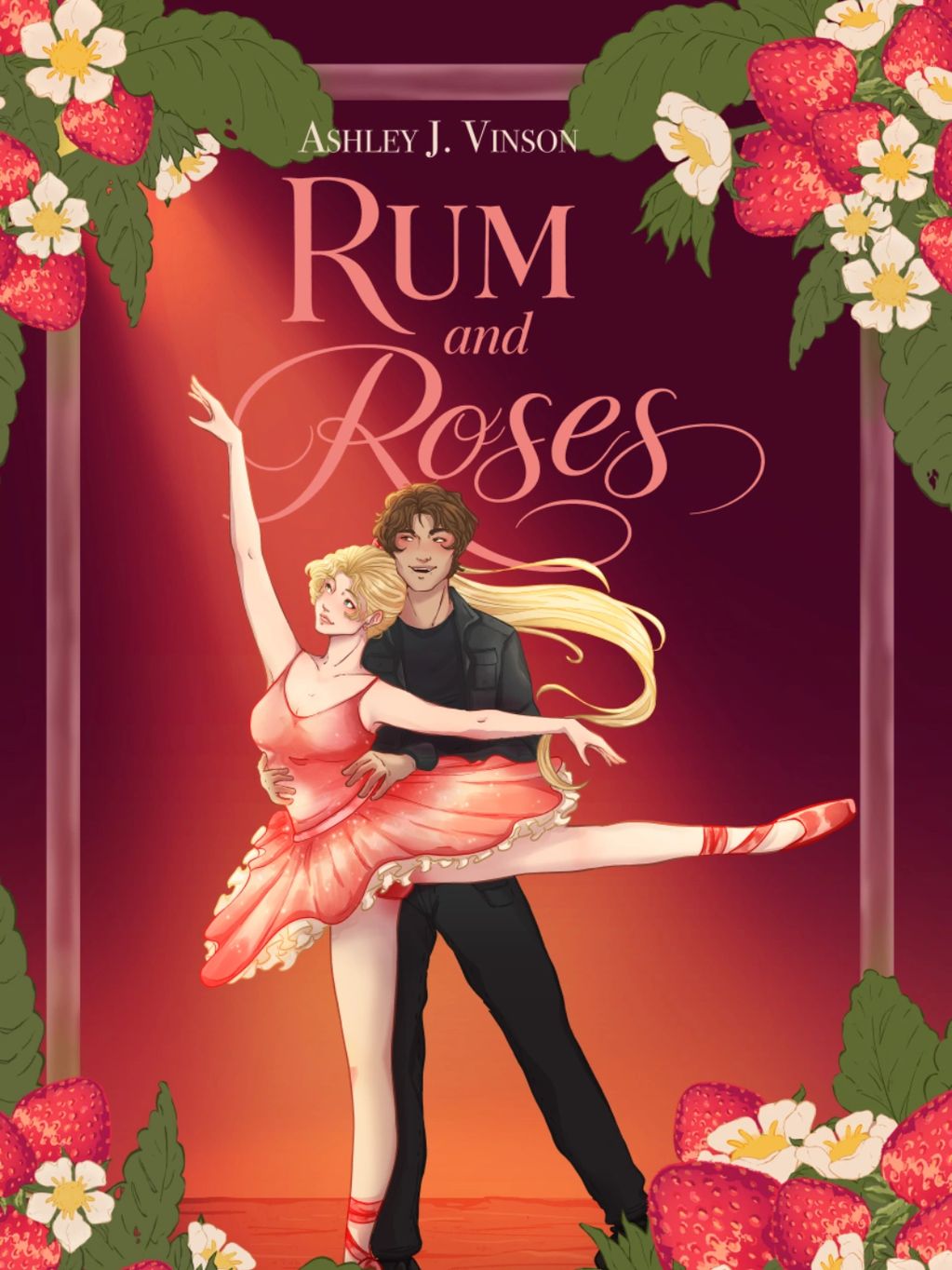 Romantic ballet-themed book cover with strawberries and flowers.