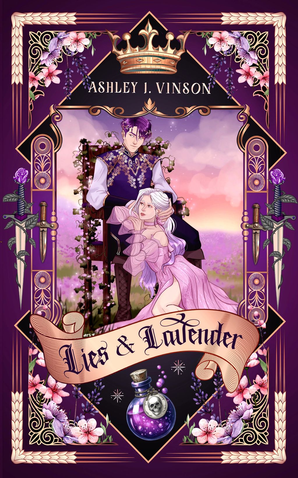 Book cover for "Lies & Lavender" by Ashley J. Vinson, featuring a royal couple.