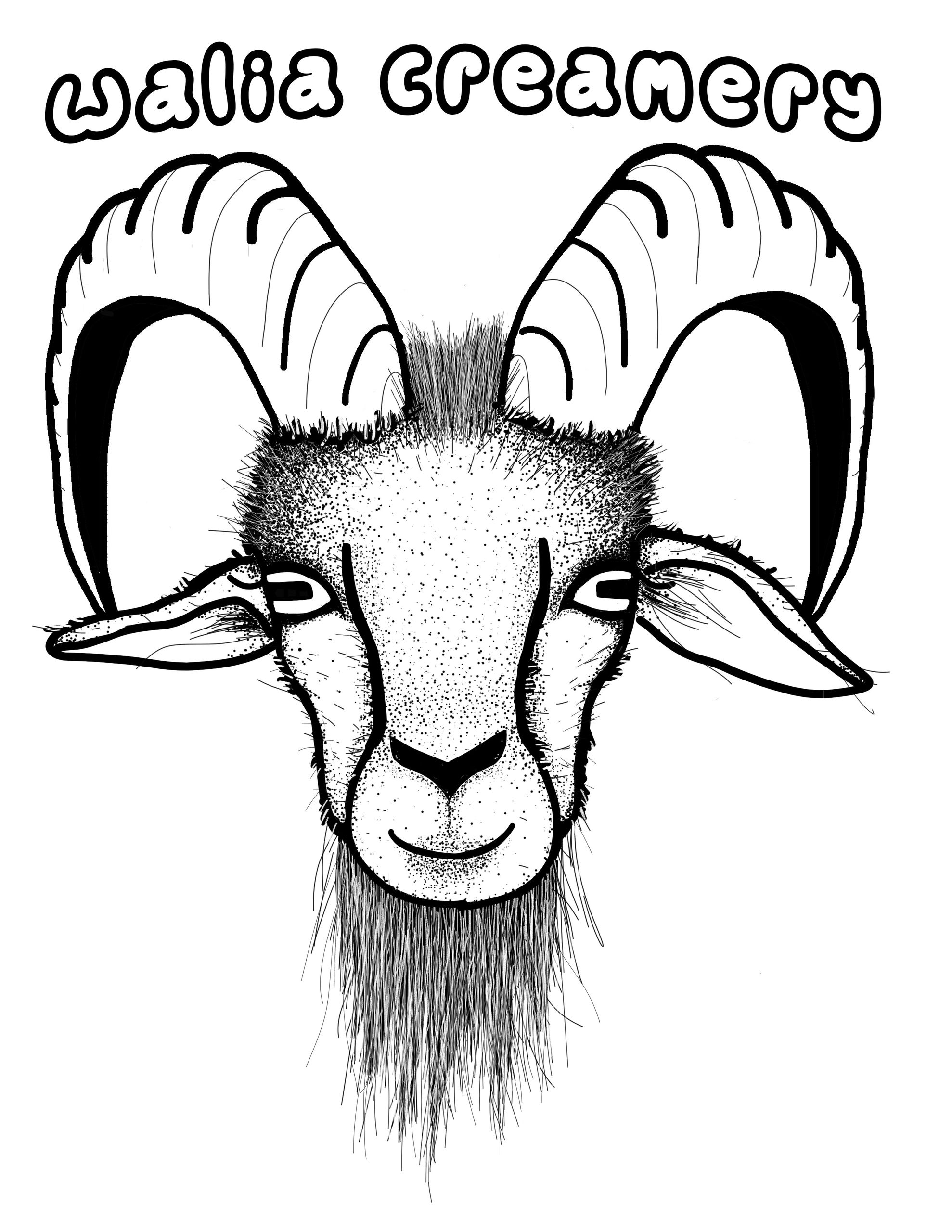 Black and white cartoon walia ibex head with bubble letters that read "Walia Creamery"