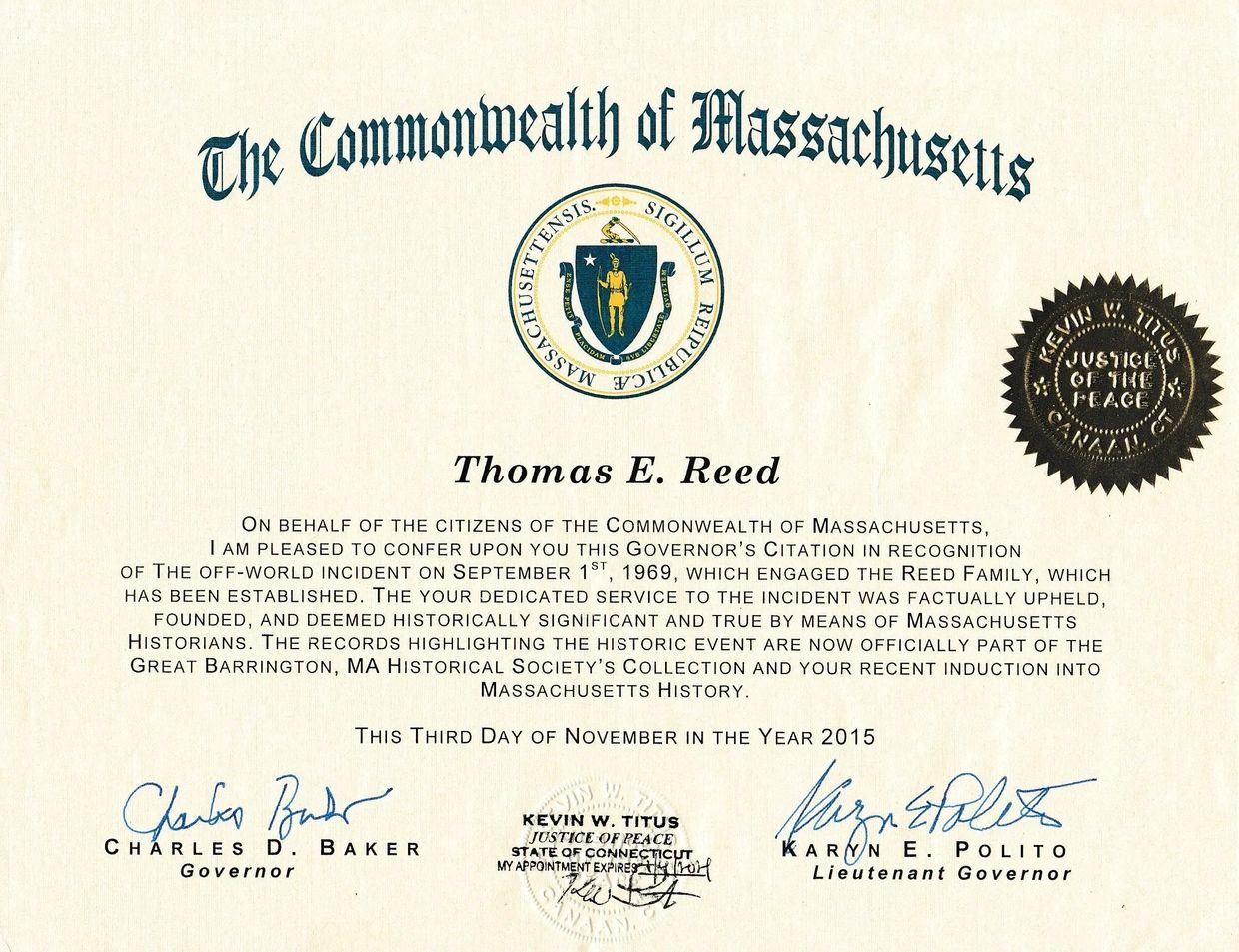 Governor Charles D. Barker Citation, Sealed by Judge Titus