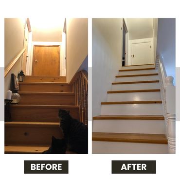Before and after painting pictures. Stairs unfinished and painted side by side.