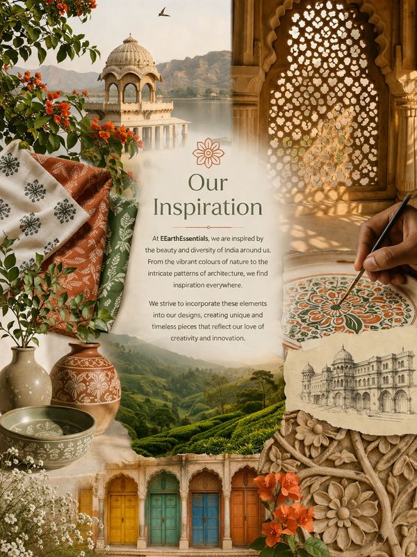A collage showcasing Indian heritage, nature, and traditional artistry inspiring EarthEssentials' designs.