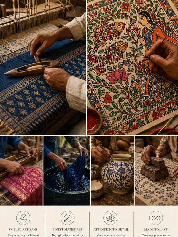 Artisans crafting traditional textiles, pottery, and paintings with intricate detail.