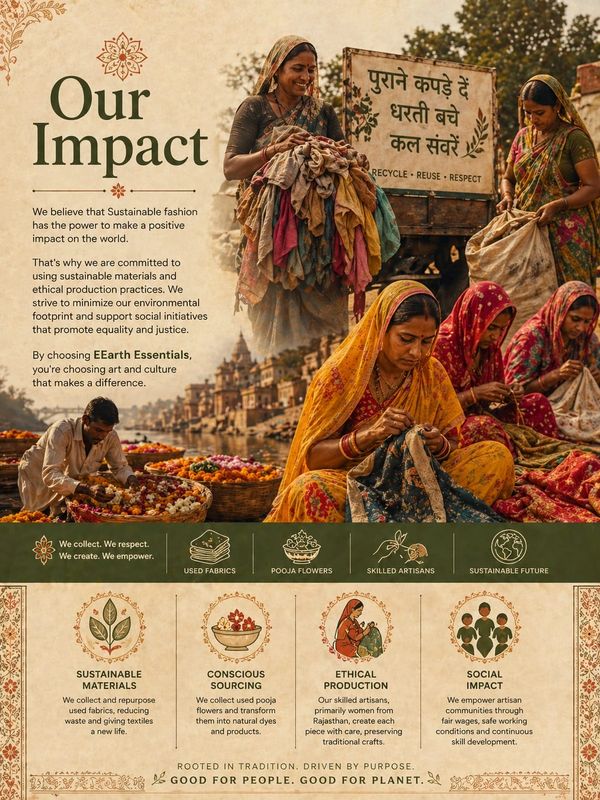 Women artisans create sustainable fashion using reused fabrics and traditional crafts by the river.