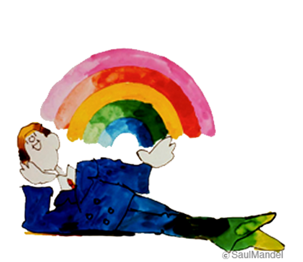 Original art of a happy person in a blue suit & green shoes holding a rainbow relaxing on the ground