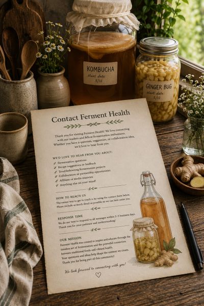 A cozy setup with kombucha and ginger bug jars beside a fermentation health contact letter.