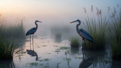 Two herons stand in misty wetland at dawn.