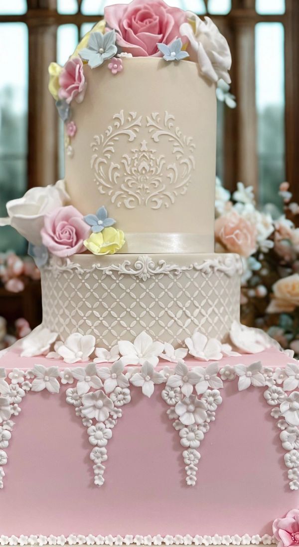 Bridgerton style 3 tier pink and ivory wedding cake with handmade sugar flowers and stencilling