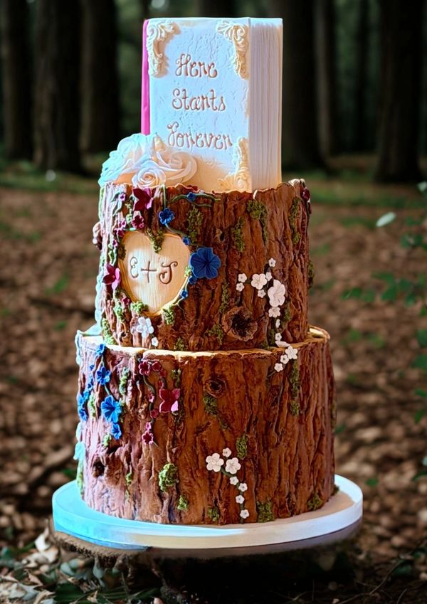 Once Upon a Woodland Wedding cake - tree stump wedding cake with edible fairytale story book