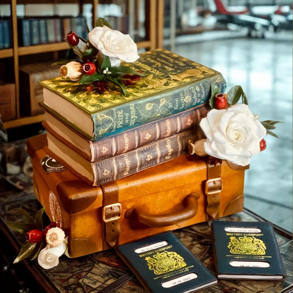 Suitcase wedding cake with stack of books cake on top with handmade sugar flowers