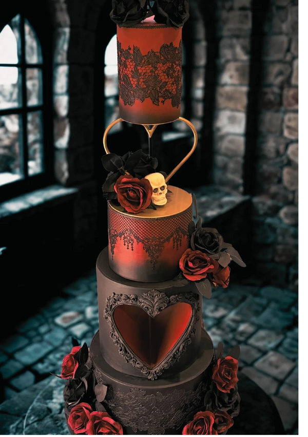 4 tier black and crimson gothic wedding cake with heart separator, edible lace and red & black roses