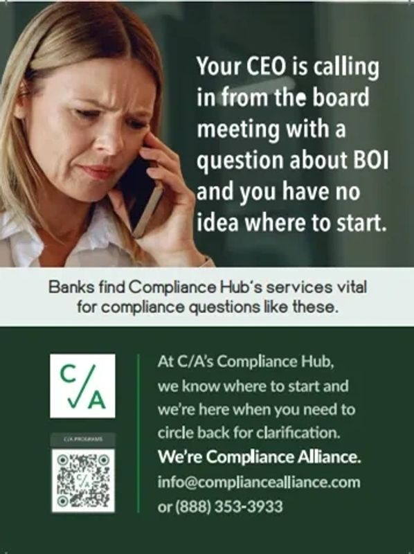 Ad for Compliance Alliance Hub services that can be reviewed at www.compliancealliance.com