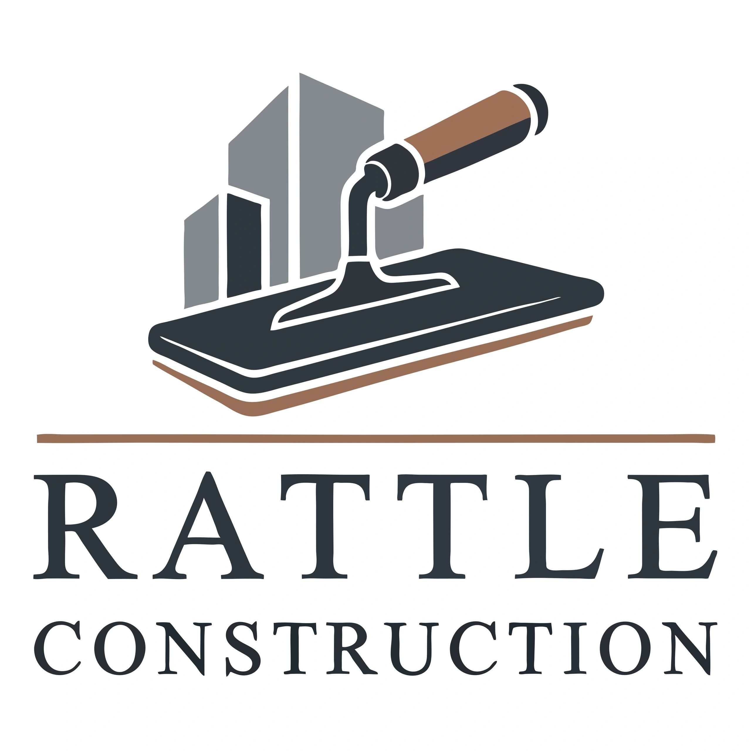 Logo of Rattle Construction with buildings and construction tool.