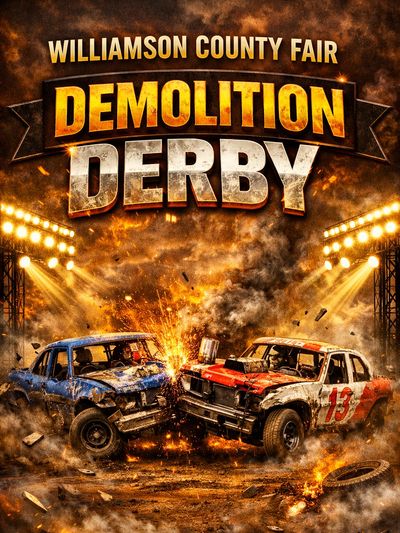 Explosive demolition derby event at Williamson County Fair with crashing cars.