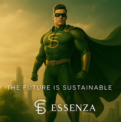 A superhero in green promoting sustainability with the phrase 'The Future is Sustainable.'