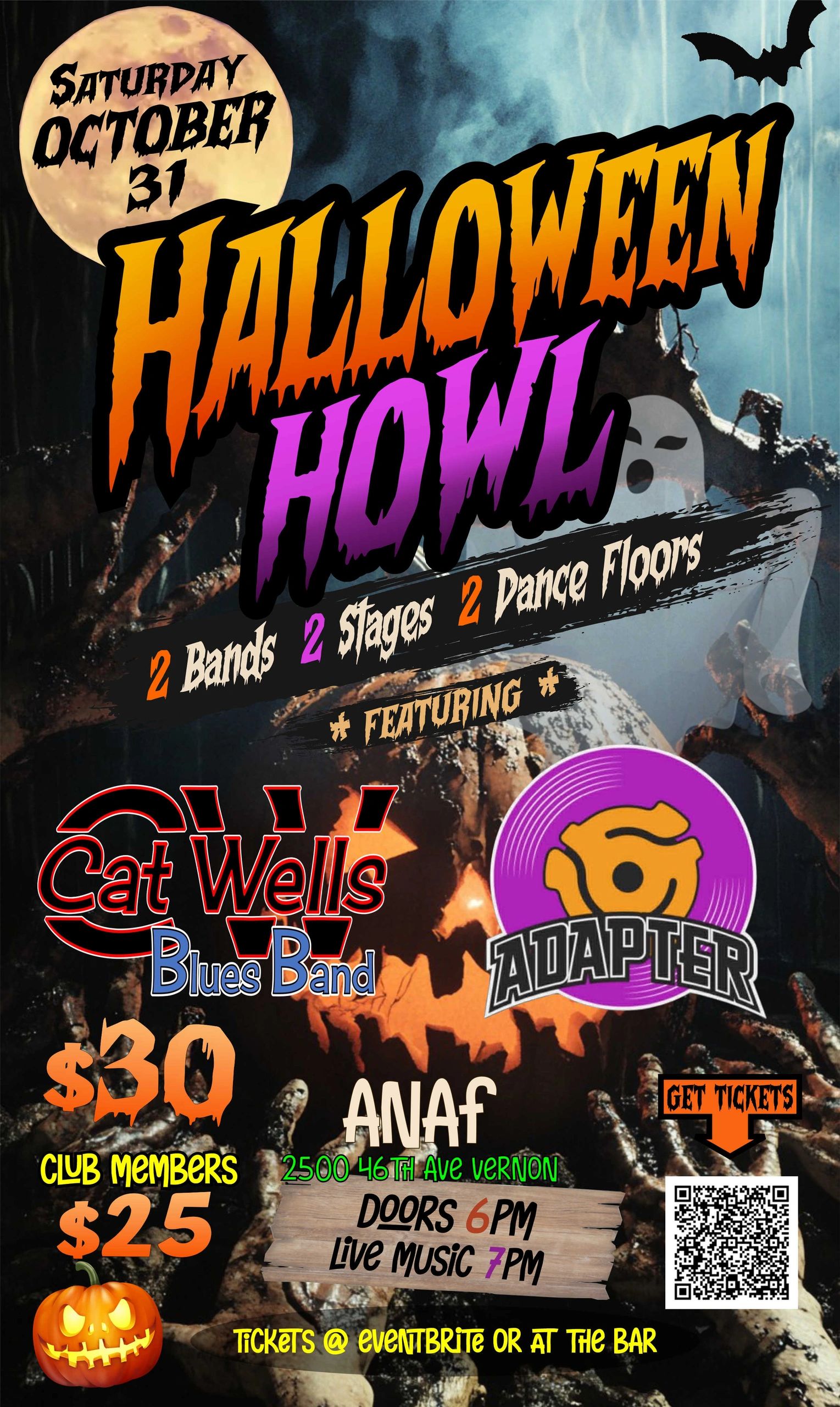Halloween Howl event on October 31 with live bands and dance floors.