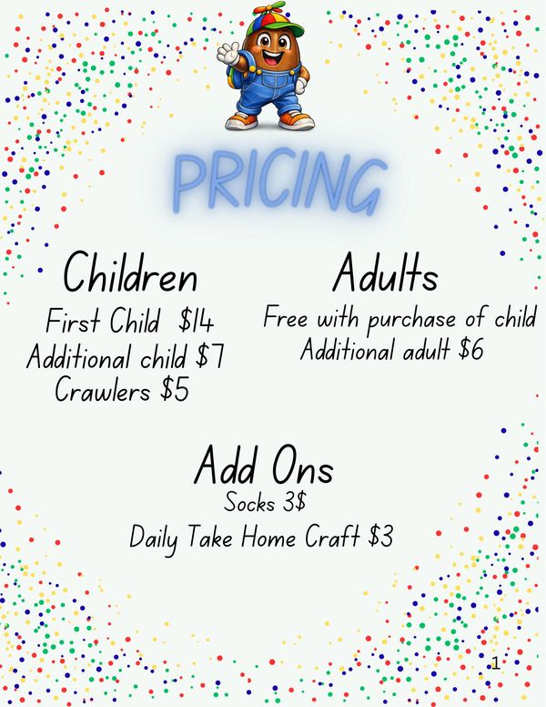 Colorful pricing list for children, adults, and add-ons with a playful character at the top.