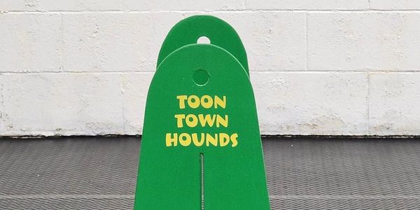 Green sign with 'TOON TOWN HOUNDS' in yellow against a white wall.