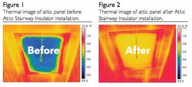 Before & after attic hatch insulator shown using thermal imaging