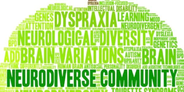 Word cloud in the shape of an apple highlighting neurodiverse community and related terms.