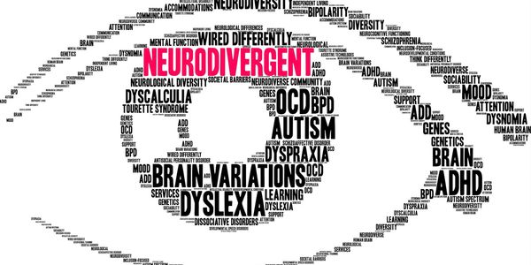 Word cloud shaped like a brain with terms related to neurodiversity and mental health.