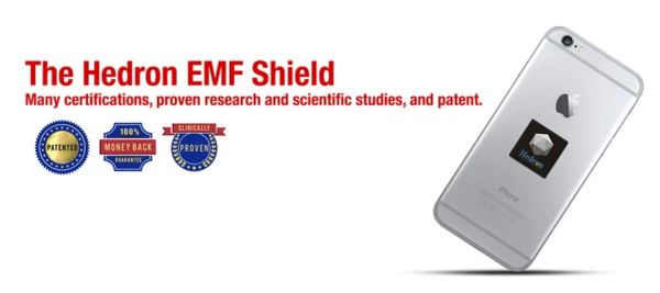 Hedron EMF Shield sticker on an iPhone, claiming protection with certifications and patents.