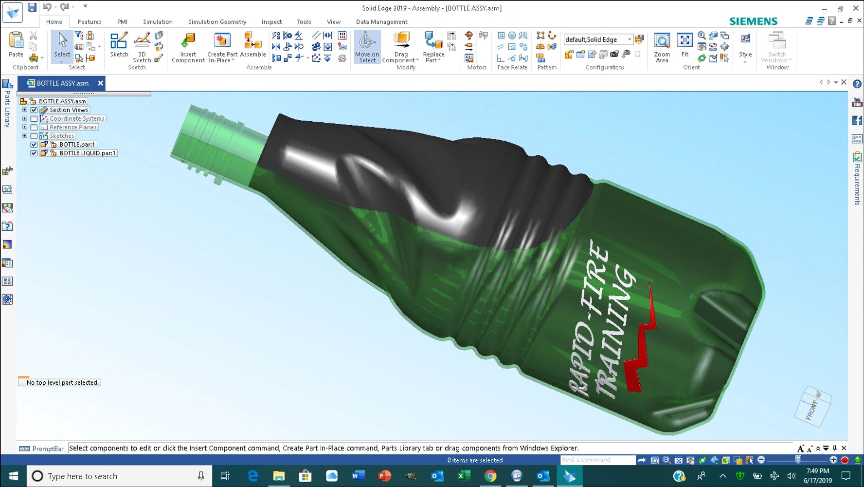 Drink bottle design with liquid using Solid Edge.