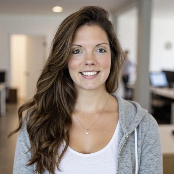 Smiling woman with long hair in a casual gray hoodie and white top.