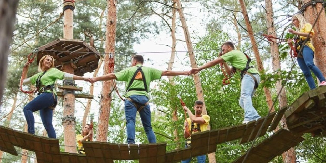 People holding hands while crossing a suspended wooden bridge in an adventure park.