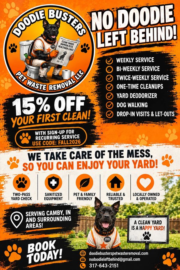 Pet waste removal service offering 15% off first clean with multiple service options in Camby.
